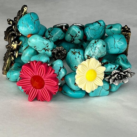 Lucky brand Turquoise Stone Chunky Bracelet With Bee & Flower Accents boho - Picture 2 of 8